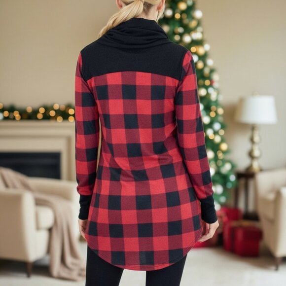 S🎄NEW Womens Black Red Plaid Christmas Top - Cowl Neck Buffalo Plaid Shirt - Picture 5 of 5